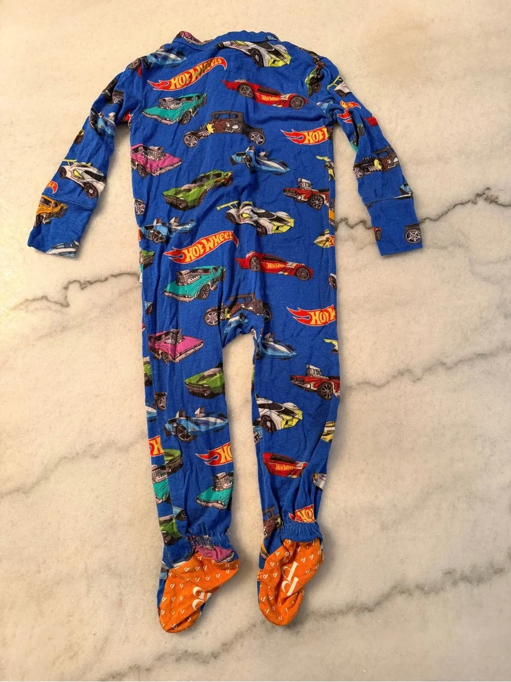 Posh Peanut Royal Blue Kids Footed Pajamas with Hot Wheels